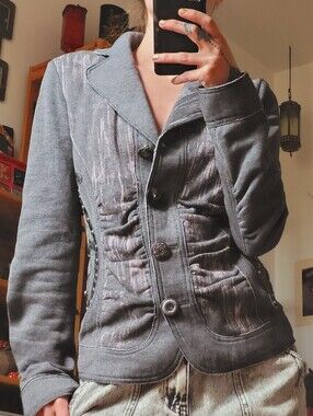 Save The Queen Gray Blazer with Silver Chains Distressed Print - S